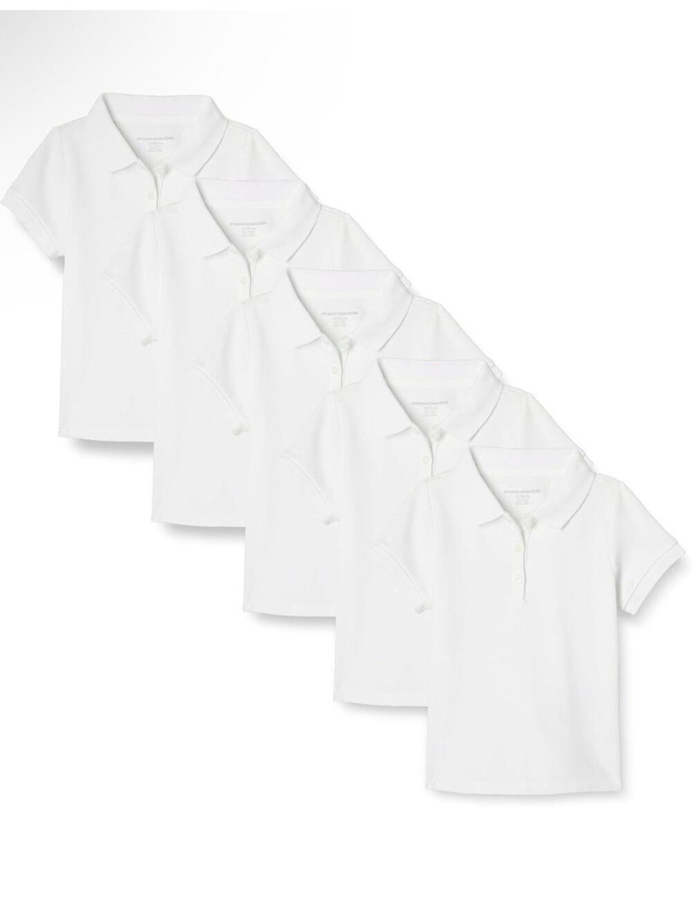 Amazon Essentials Girls' Short Sleeve Uniform Polo Shirts (S) 6-7 White 5-Pack